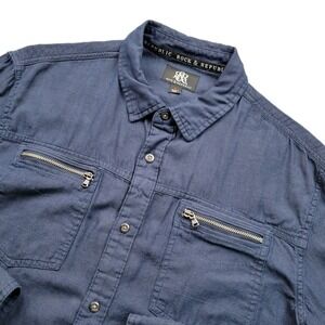 Rock & Republic Button Front Long Sleeve Men's Lrg Blue Zipper Pockets
